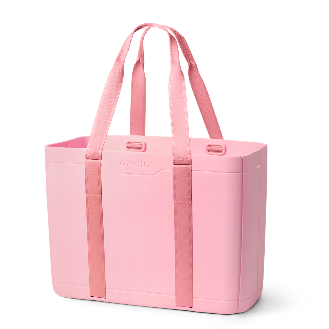 Sun-Day Collapsible Tote in Rosy Rays, solid light pink tote bag with matching pink carry loops and pink horizontal strap accent