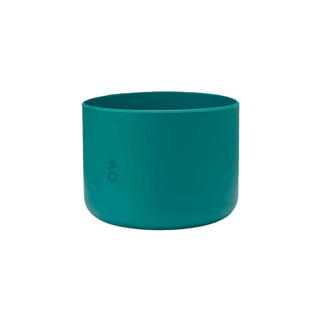 Bottle Boot 40oz in teal green silicone; wide cylindrical form with Owala wordmark