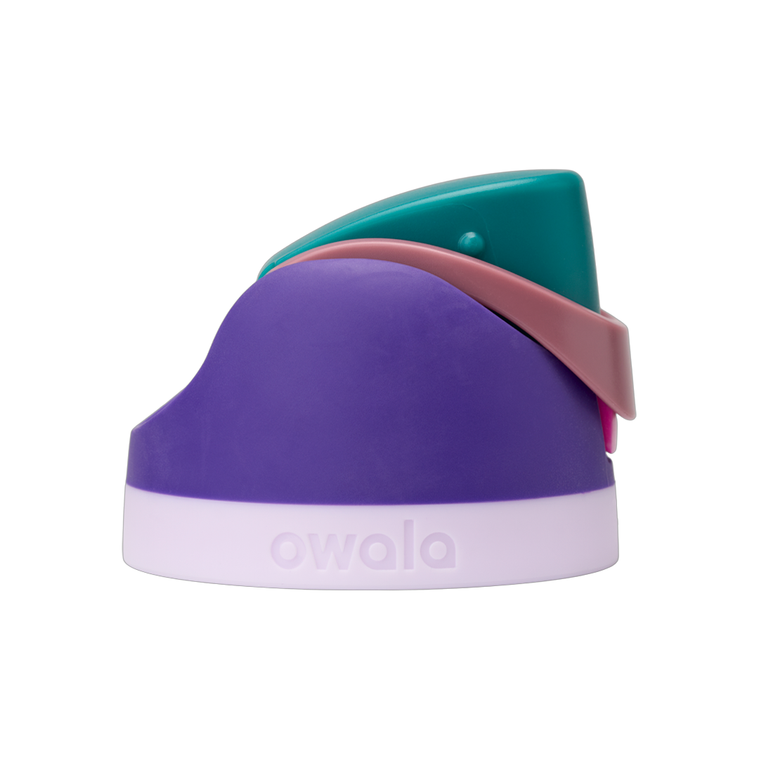 FreeSip replacement lid in 80s Ski Slopes, purple/violet body with teal flip cap, mauve/dusty pink carry loop, and pale lavender base ring