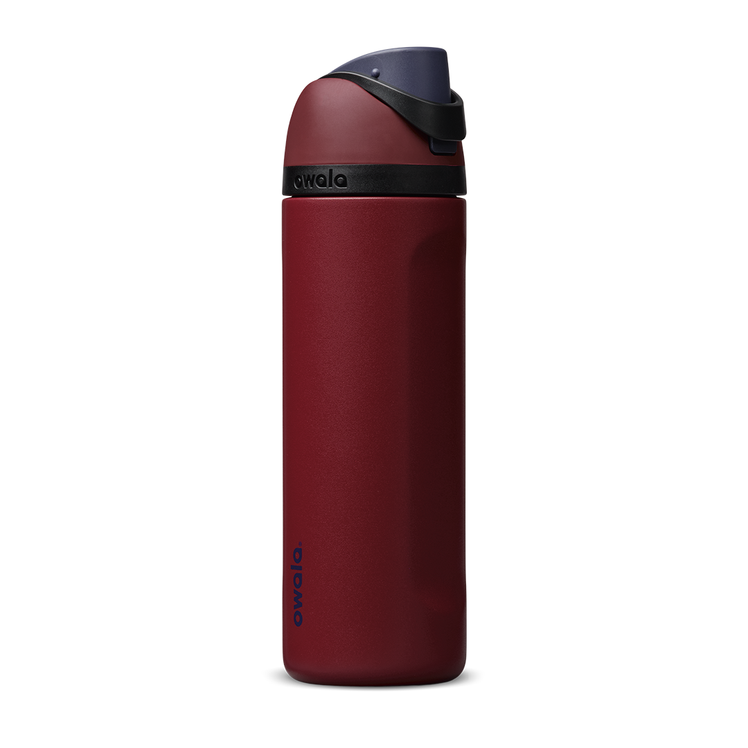 FreeSip 24oz in Burgundy Bay, deep burgundy red insulated bottle with dark navy flip cap and matching carry loop