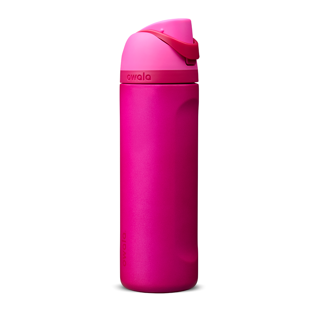 Owala FreeSip 24oz in Read My Lips, deep magenta pink insulated bottle with bright hot pink flip cap and carry loop