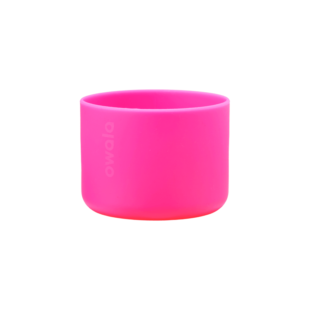 Owala Bottle Boot in vivid hot pink silicone with tonal Owala logo, wide short cylindrical form sized for the 40oz bottle