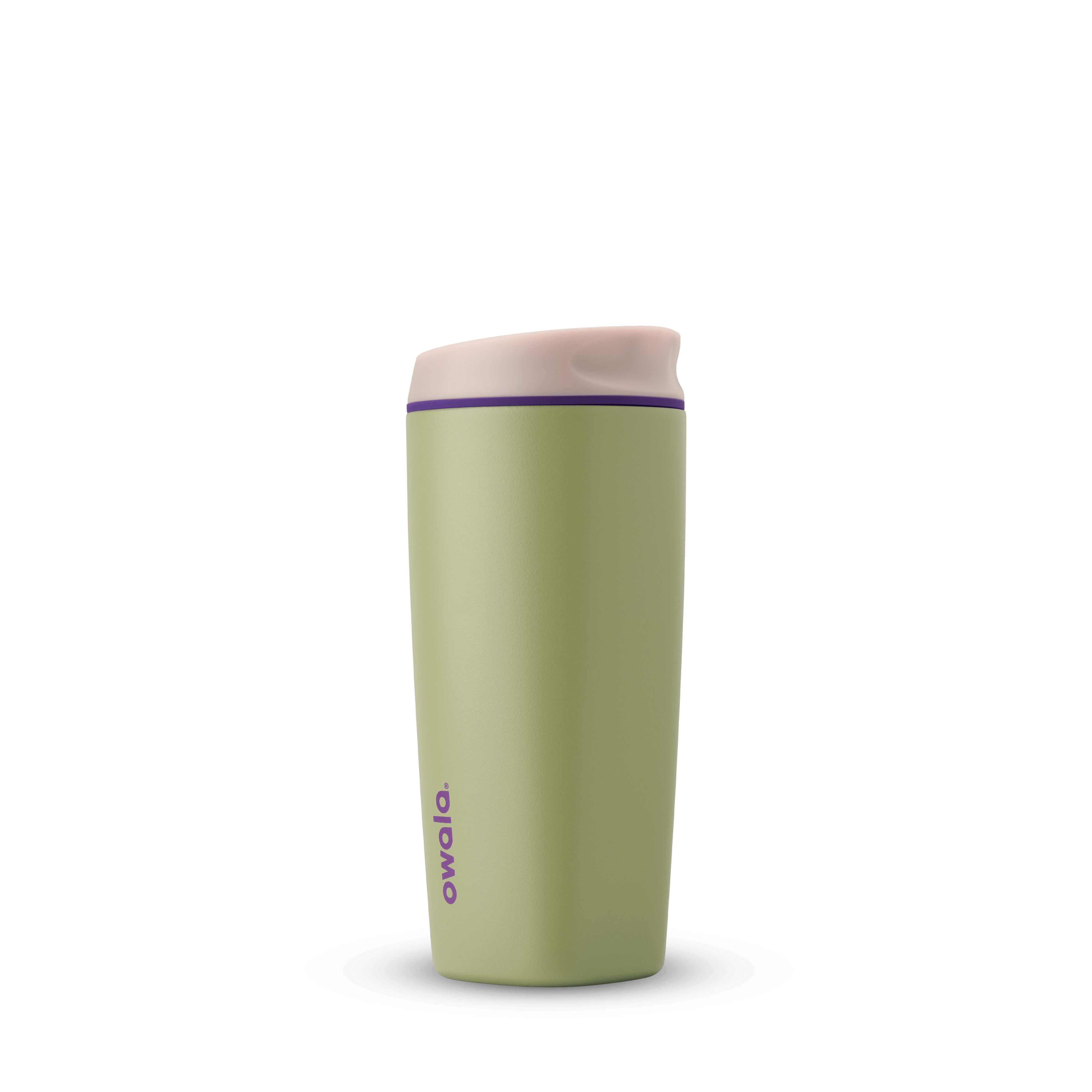 SmoothSip 20oz in Hip Cactus, olive green tumbler body with cream flip-style lid, slim purple accent ring, and purple Owala logo